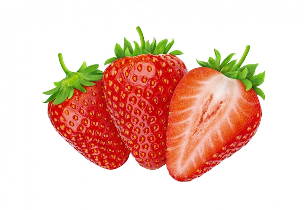 Three strawberries isolated on white background with clipping path