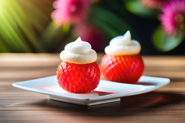 Three strawberries on a plate with a blurred background