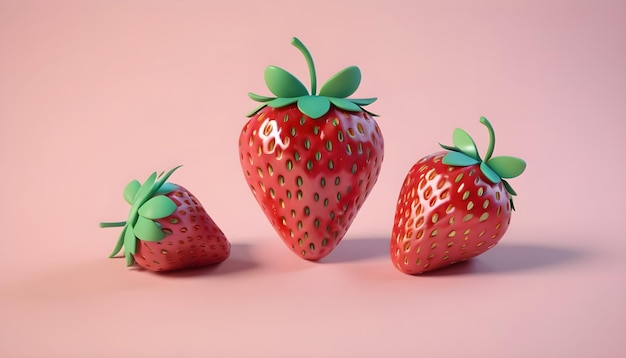 three strawberries with green leaves and a green ribbon on them