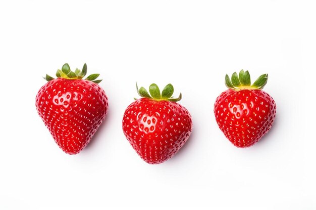 Photo three strawberries with green leaves and a white background.