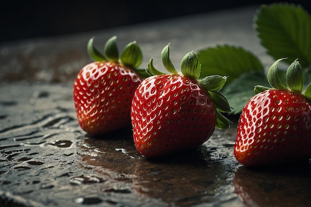 Photo three strawberries with the word strawberry on them