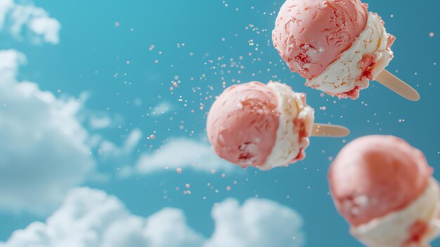 Photo three strawberry ice cream balls with sprinkles falling against a blue sky and clouds background