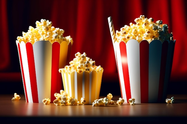 Three striped boxes of popcorn with a red curtain behind them.