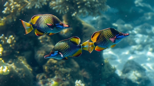 Photo three striped sergeant fish swim in formation over a colorful coral reef the fish are yellow blue and black with long pointed snouts
