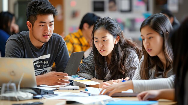 Photo three students are working together on a project in a classroom
