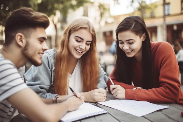 テーブルで勉強する 3 人の学生