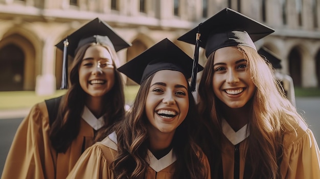 Three students wearing graduation gowns and gowns stand in front of a university building.