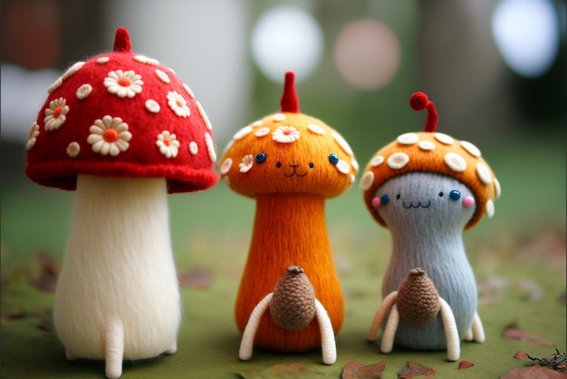 Three stuffed animals are sitting on a table with mushroom generative ai