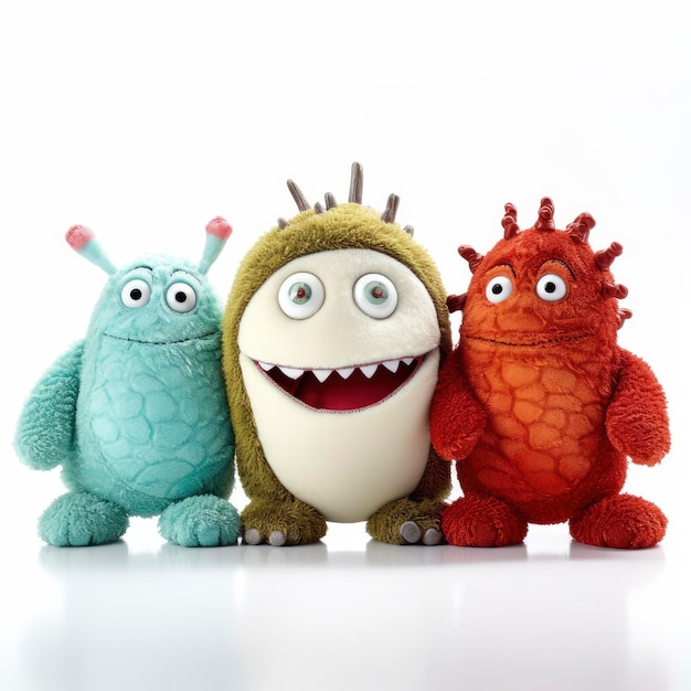 Three stuffed monsters