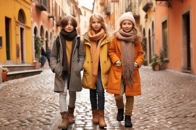 Three stylish children on street in old city kids fashion and style