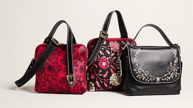 Three stylish handbags with different designs and colors