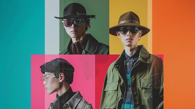 Photo three stylish men wearing hats and sunglasses pose in front of a colorful background