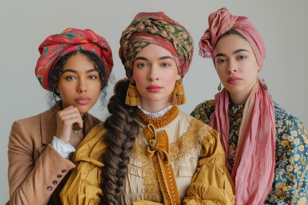 Three Stylish Women with Colorful Headwraps and Elegant Outfits Posing in Harmonious Earth Tones