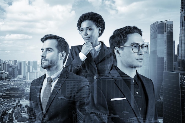 Three successful business consultants standing in a row in suits and ready to tackle with customer problem Singapore cityscape Multinational corporate team Double exposure