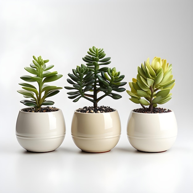 three succulent plants in white pots with white background