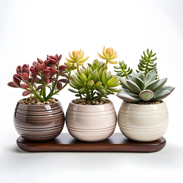 three succulent plants in white pots with white background