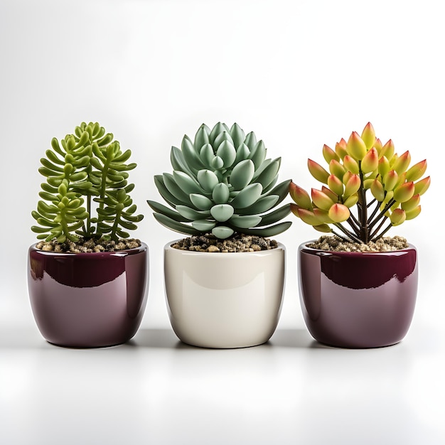 Photo three succulent plants in white pots with white background