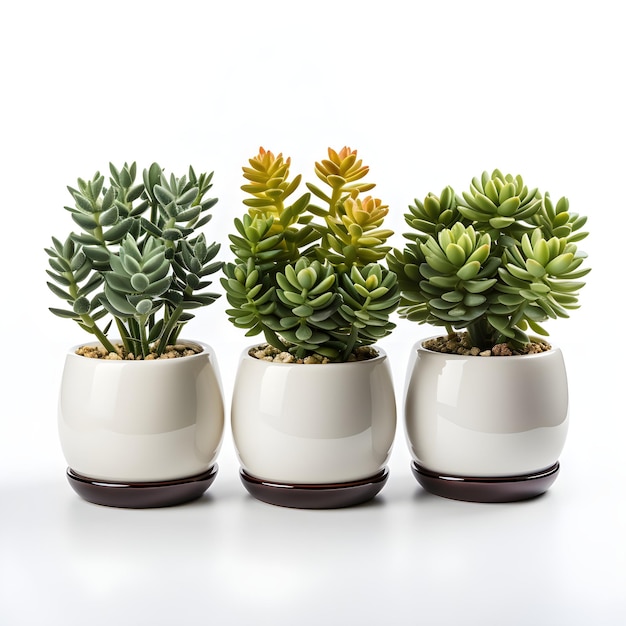 three succulent plants in white pots with white background