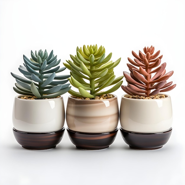 three succulent plants in white pots with white background