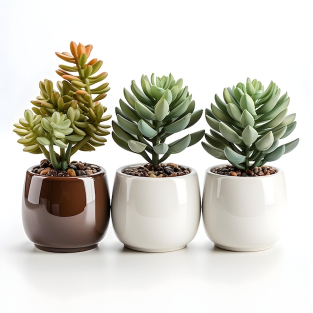 three succulent plants in white pots with white background