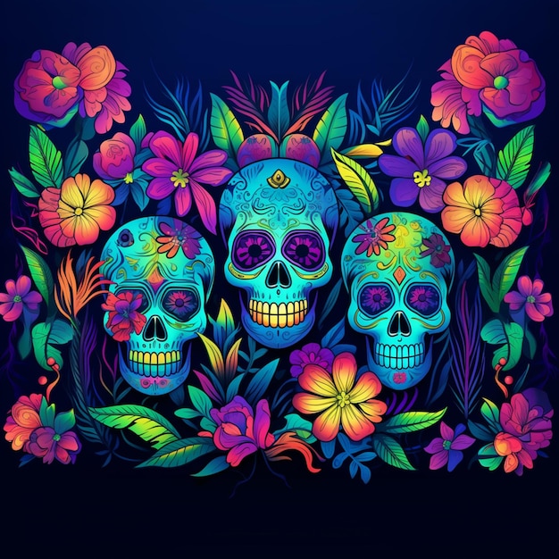 three sugar skulls with flowers and leaves in a dark background generative ai