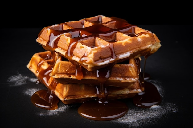 Three sugar waffles piled on a black surface