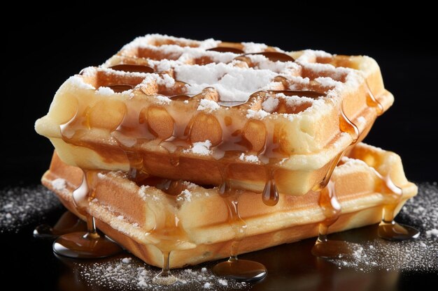 Three sugar waffles piled on a black surface