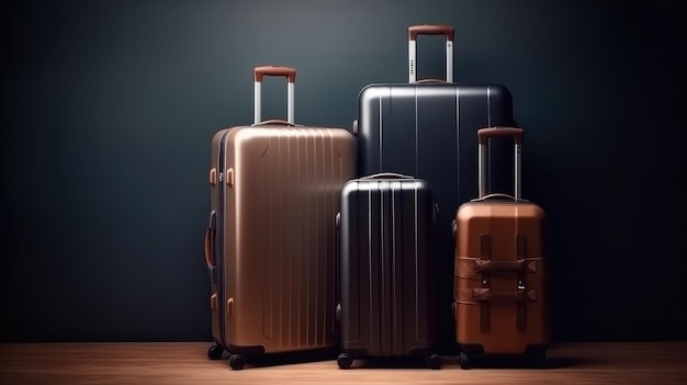 Three suitcases are lined up in a row, one of which is black and the other is brown.