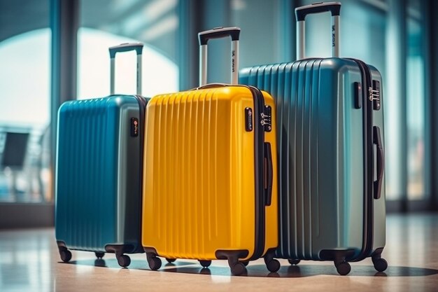 Three suitcases are lined up in a row in a row generative ai