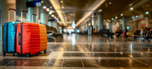 Three suitcases are sitting on the floor in a large airport terminal