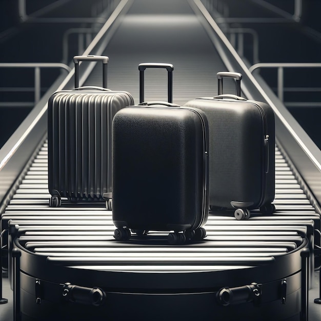 Photo three suitcases on a conveyor belt at an airport hinting at the start of a journey