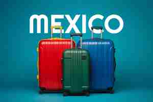 Photo three suitcases ready to travel to mexico placed on a solid blue background