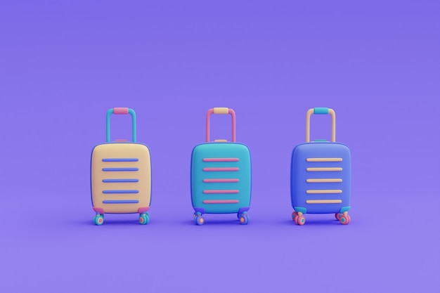 3つのスーツケース、観光と旅行のコンセプト、休日の休暇、旅行の準備ができて、最小限のデザイン、3Dレンダリング。