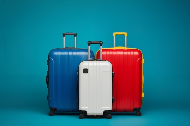 Photo three suitcases with the colors of the french flag isolated on blue background ready to travel