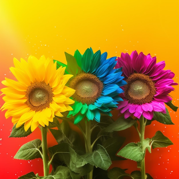 Three sunflowers are in front of a yellow and orange background.