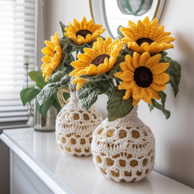 Three sunflowers are in a vase on a table.