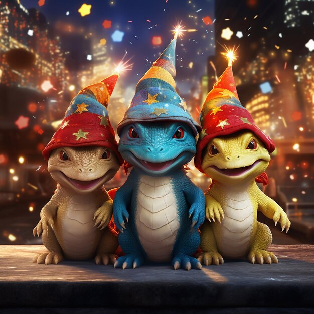 Three super cute hyper realistic dragon babys in Santa's hat with gift boxes AI generated image