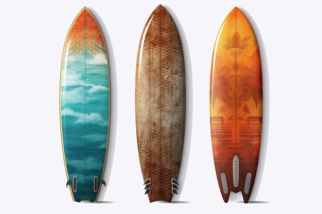 three surfboards are lined up against a white wall with a sky background generative ai