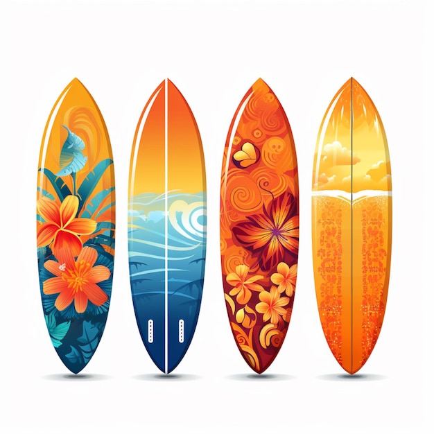 Three surfboards with different designs on them are lined up generative ai