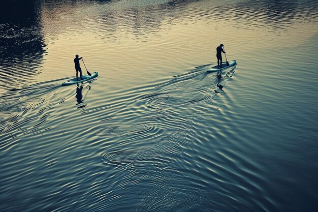 Photo three surfers are on the water with one of them wearing a wetsuit