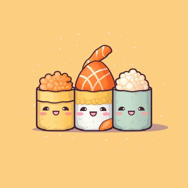 three sushi rolls with faces and a hat on top generative ai
