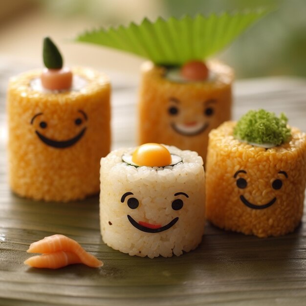 Photo three sushi rolls with a smiley face on them on a plate generative ai