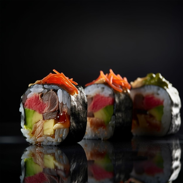 Three sushi rolls with the word " meat " on the side.