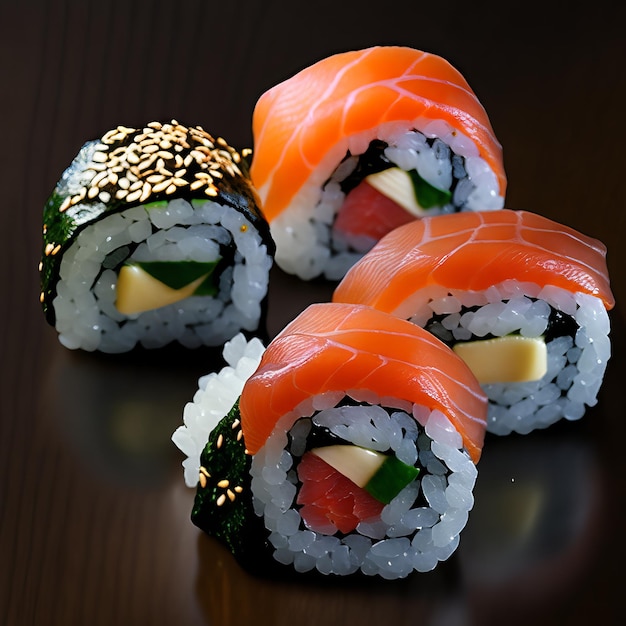 Three sushi rolls with the word sushi on the side