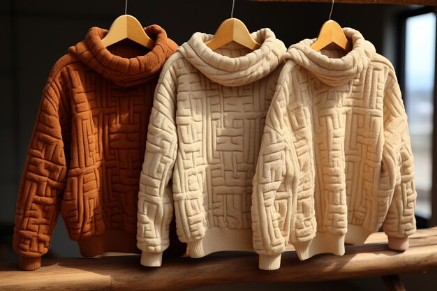 three sweaters hanging on a wooden rack in a room generative ai