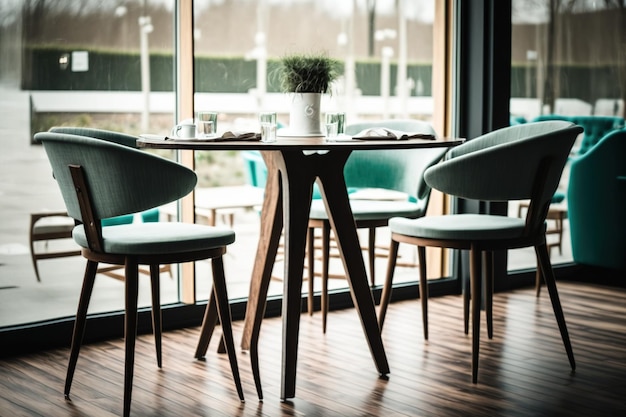 Three tables and chairs are present inside the glass area Since the space is made of glass the outside environment is visible