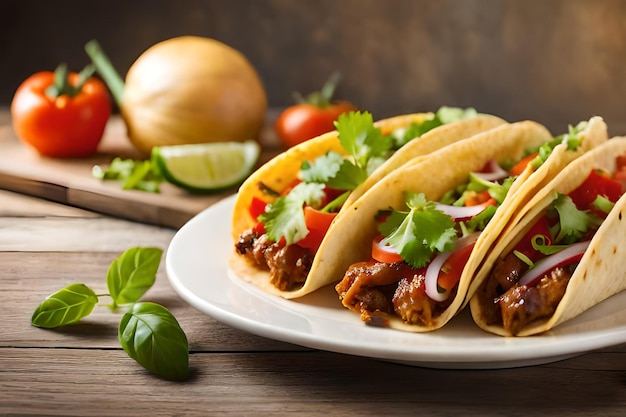 Three tacos on a plate with fresh ingredients on a wooden table.
