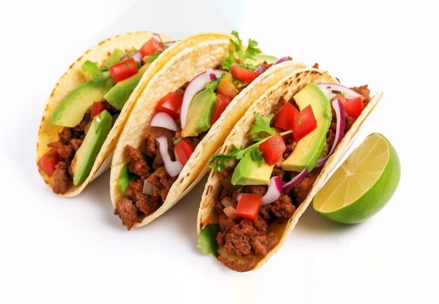 Three tacos with avocado, tomato, and avocado on a white background.