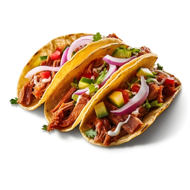 Three tacos with meat and vegetables on top and a white background.
