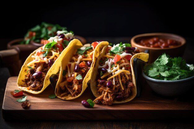 Three tacos on a wooden board with a bowl of salsa and beans.